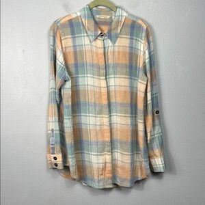 Soft Surroundings Linen Plaid long Sleeve Button Front Blouse Medium
